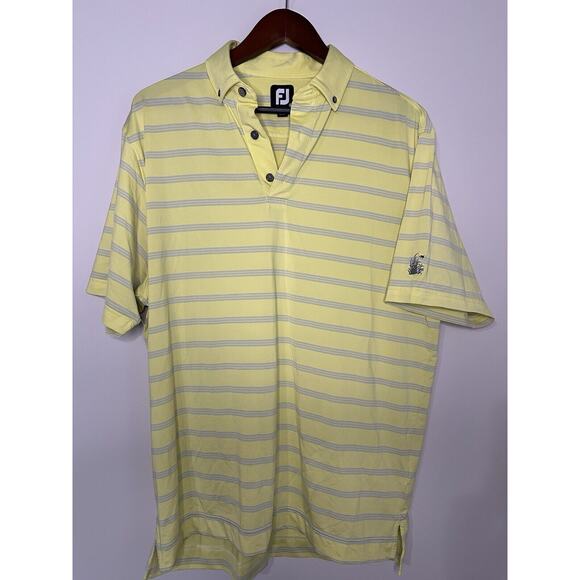Footjoy Polo Shirt Mens Medium Yellow Blue Stripe TPC Sawgrass Performance Golf - Picture 1 of 3